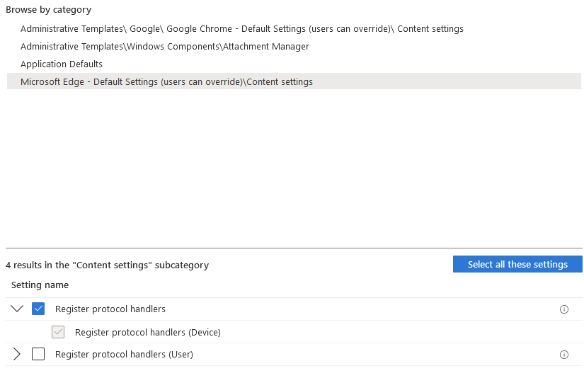 Screenshot of settings catalog "Register protocol handlers", box is checked