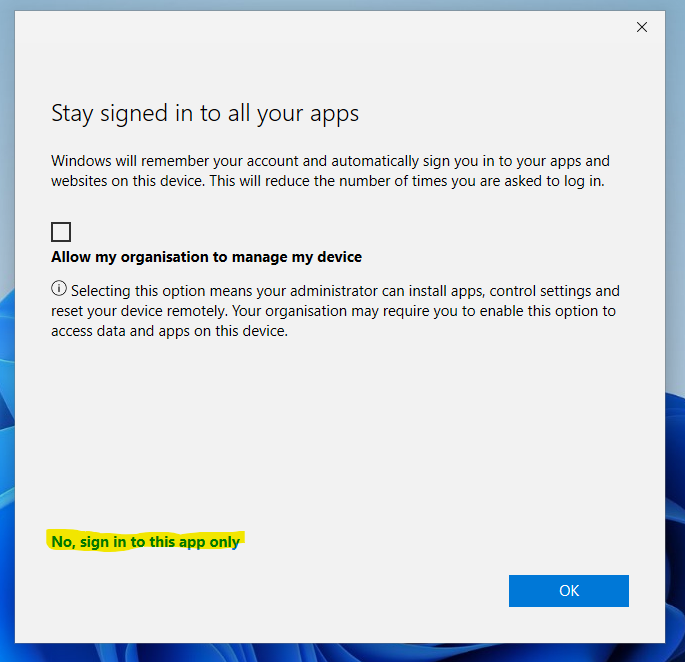 Screenshot showing logging into Teams selecting "No, sign in to this app only"