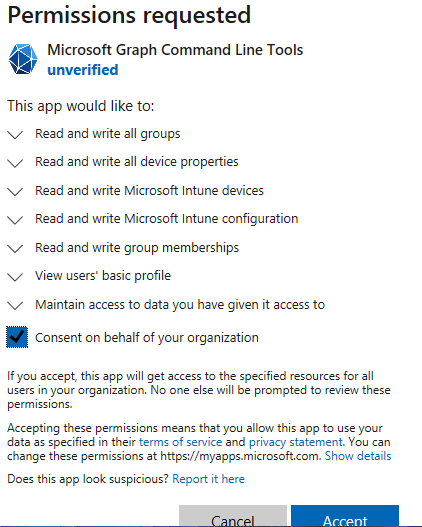 Graph permissions with consent on behalf ticked